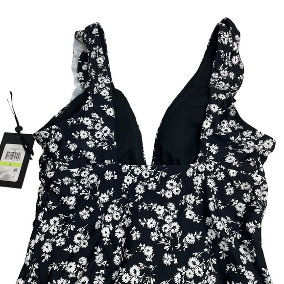 DKNY Ruffle Neck One-Piece Swimsuit Black White Floral Size 4 New - Picture 7 of 7